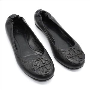 Tory Burch Reva Pebbled Leather Black Flat Sz 9